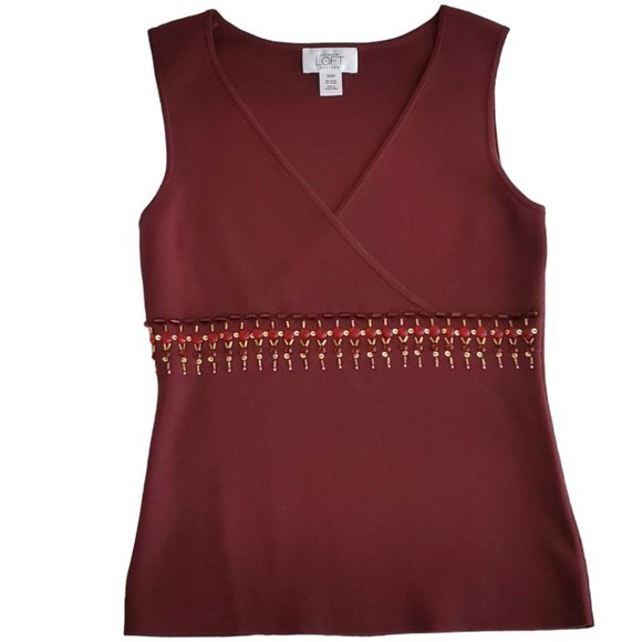 Ann Taylor Loft Embellished Sleeveless Surplice V-neck Top | NWOT | XSP | Maroon - Picture 5 of 8